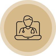 Icon of a doctor on a laptop screen inside a beige circle.