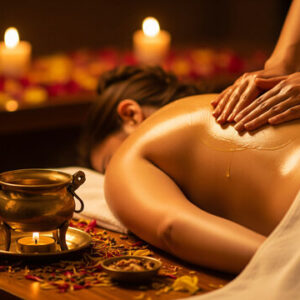 Relaxing massage with candles and essential oils.