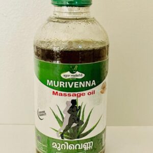 A bottle of Murivenna massage oil with green label and herbal ingredients.