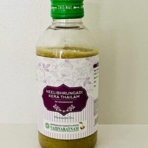 A bottle of Kelikulangara Kera Thailam herbal oil with a green cap.