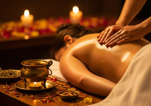 Relaxing massage with candles and essential oils.